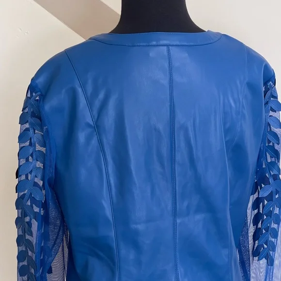 Colleen Lopez Vibrant Blue Sheer Faux Leather Jacket Women’s Sz S Leaf Details - Picture 8 of 13